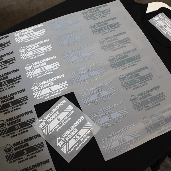 Picture of a DTF Transfer Gang Sheet of 'Wellington House size tags' 